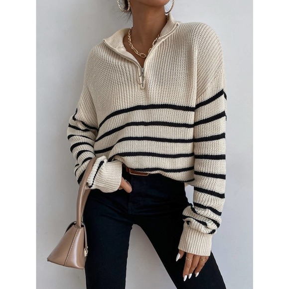 BohoGypsyDreamer.com Sweaters - Striped half Zipper Front ribbed knit Sweater tan black preppy